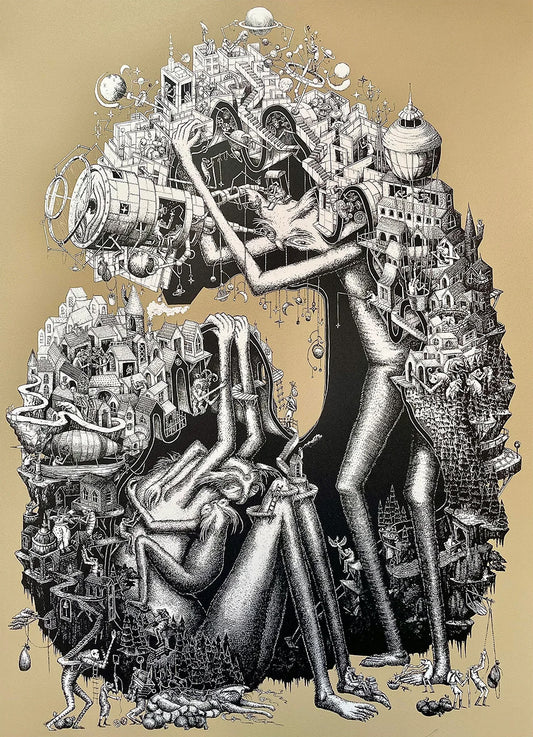 Phlegm Artistic depiction of a person and child intertwined with mechanical and architectural elements on a beige background urban art gallery queenstown new zealand