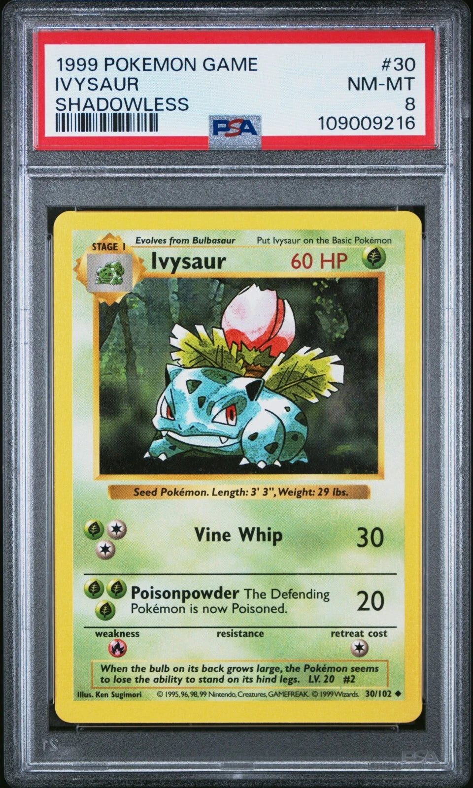 1999 Pokémon Base Set Ivysaur Shadowless #30 PSA 8