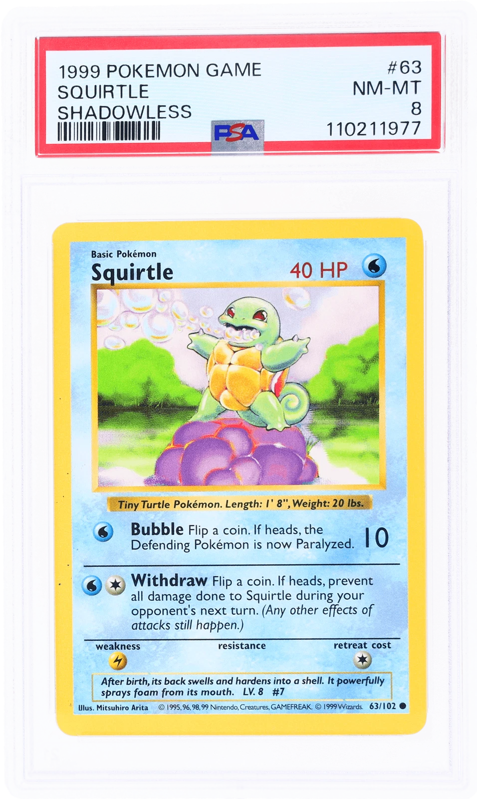 1999 Pokémon Base Set Squirtle Shadowless #63 PSA 8