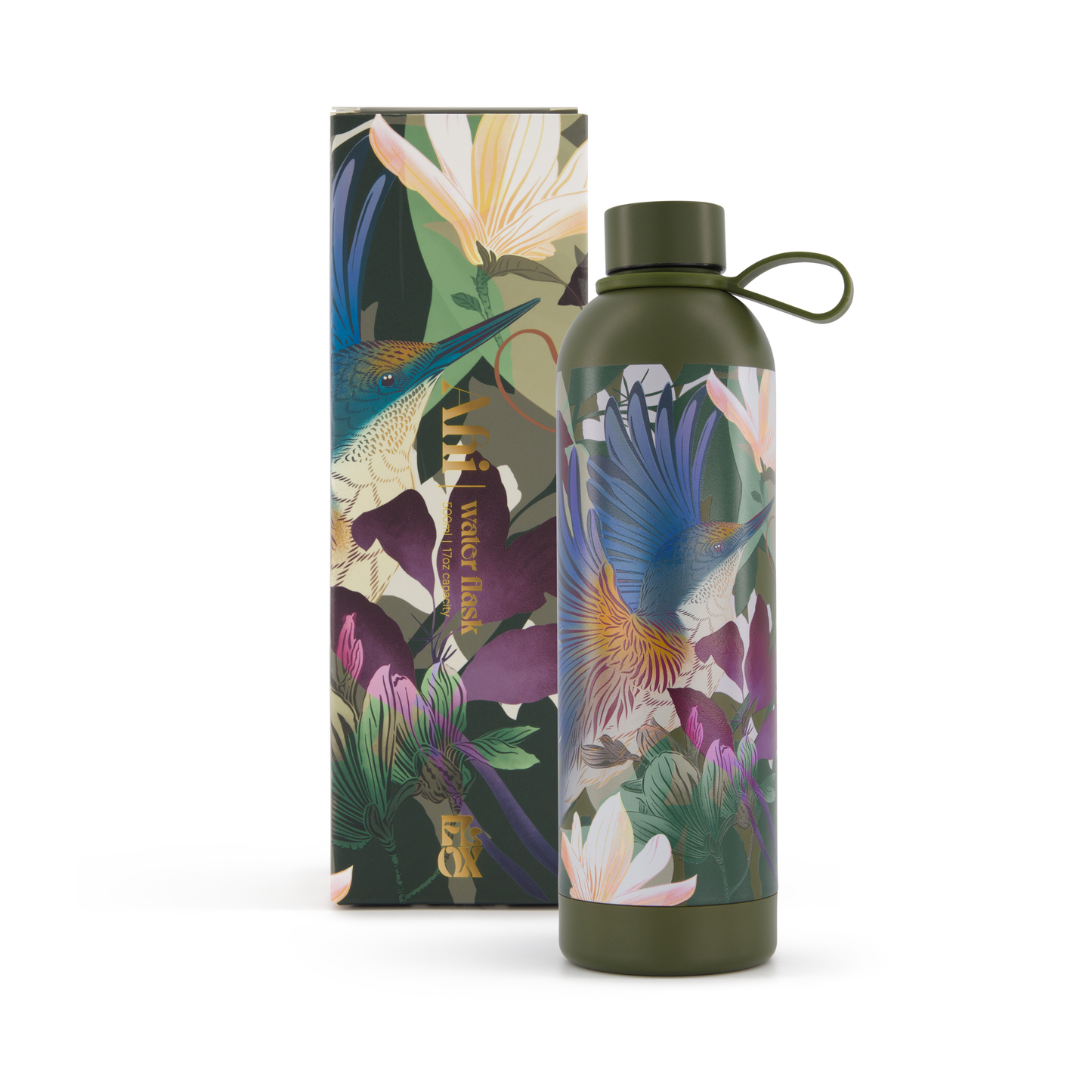 Flox Floral-patterned water bottle with matching packaging on a white background