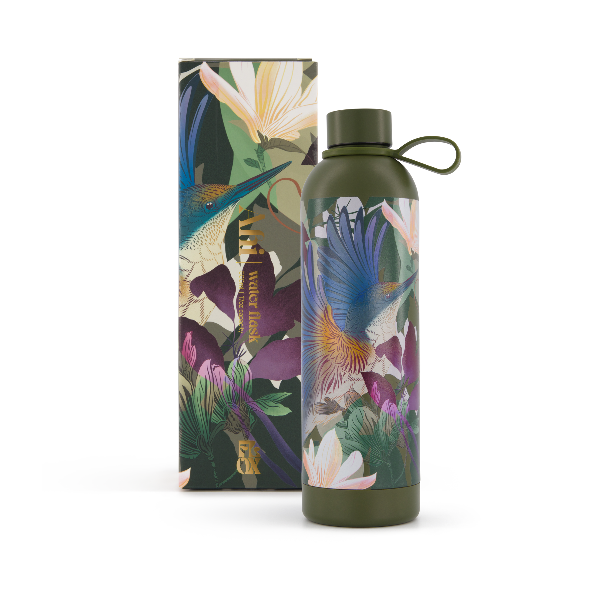 Flox Floral-patterned water bottle with matching packaging on a white background