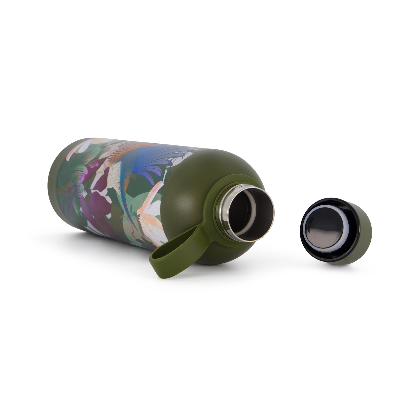 Flox Green water bottle with floral design on a white background