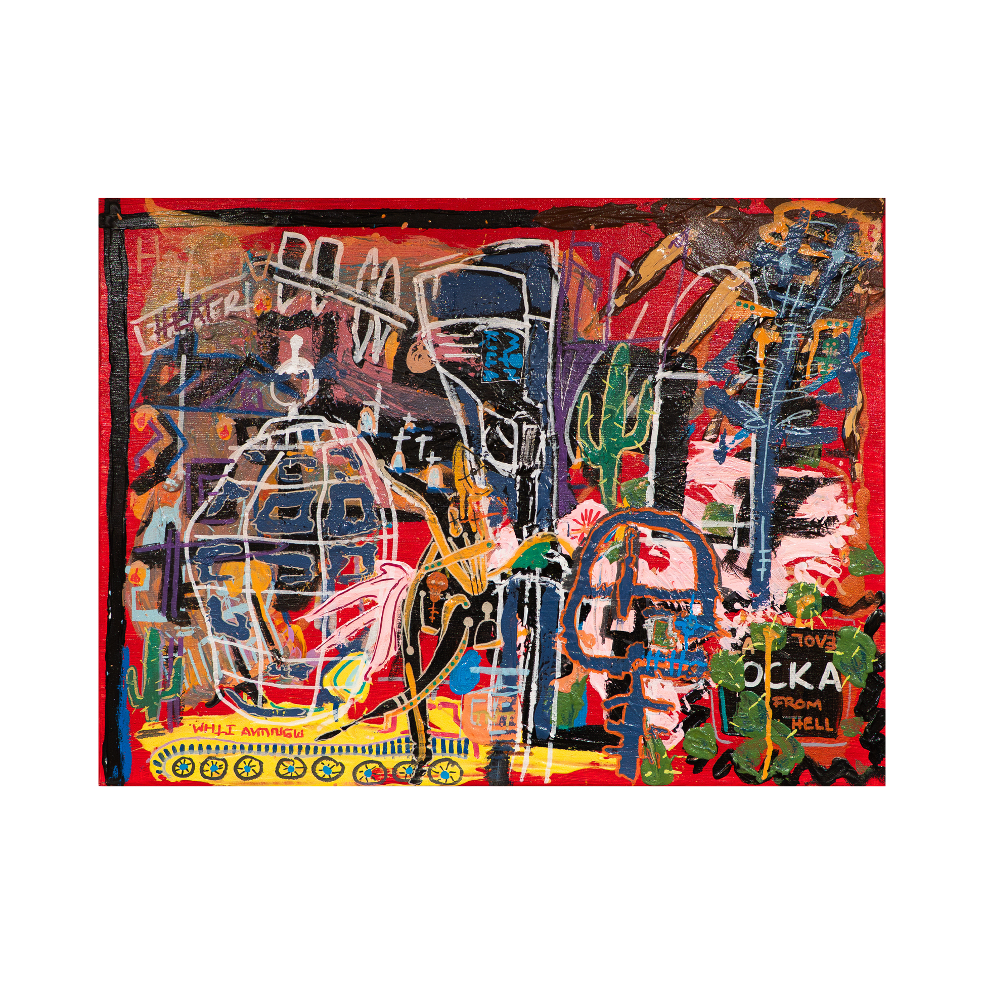 Postcards From Hell by GG Reckless, original contemporary abstract figurative painting with urban graffiti elements in bold red tones