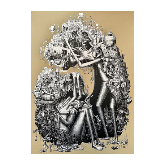 Phlegm Artistic depiction of a person and child intertwined with mechanical and architectural elements on a beige background urban art gallery queenstown new zealand