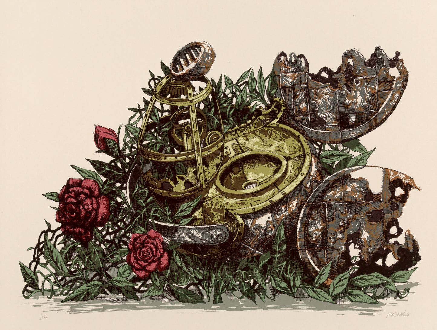 limited edition street art print with roses and mechanical elements