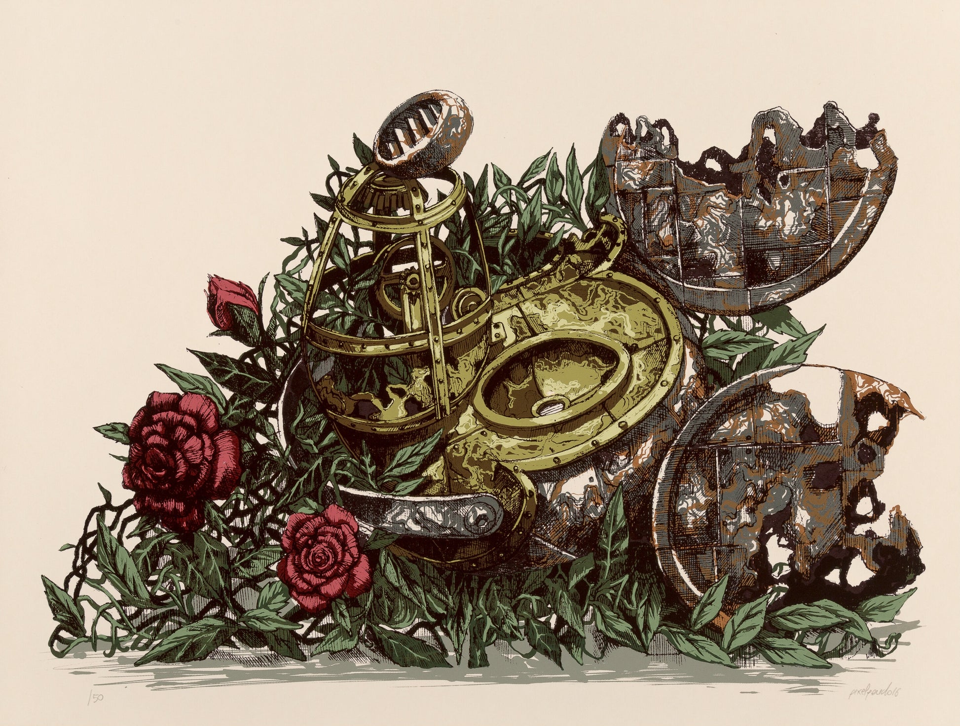 limited edition street art print with roses and mechanical elements