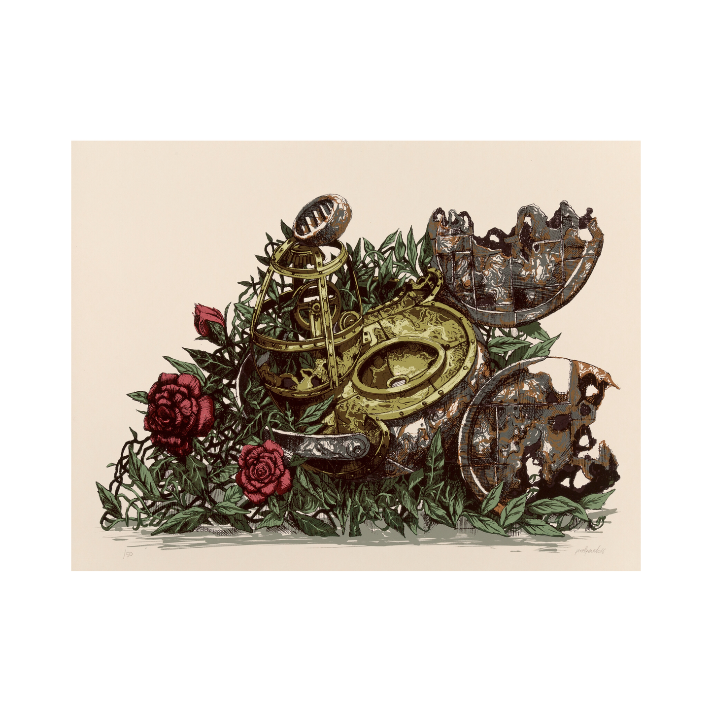 limited edition street art print with roses and mechanical elements