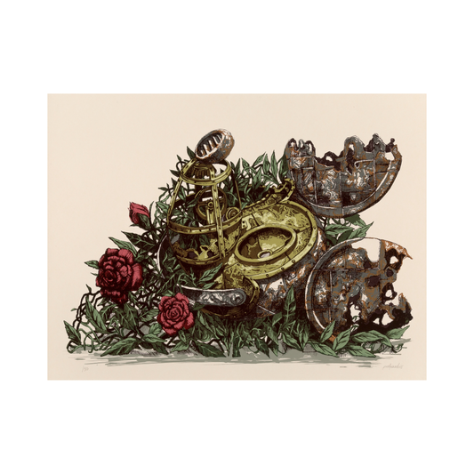 limited edition street art print with roses and mechanical elements