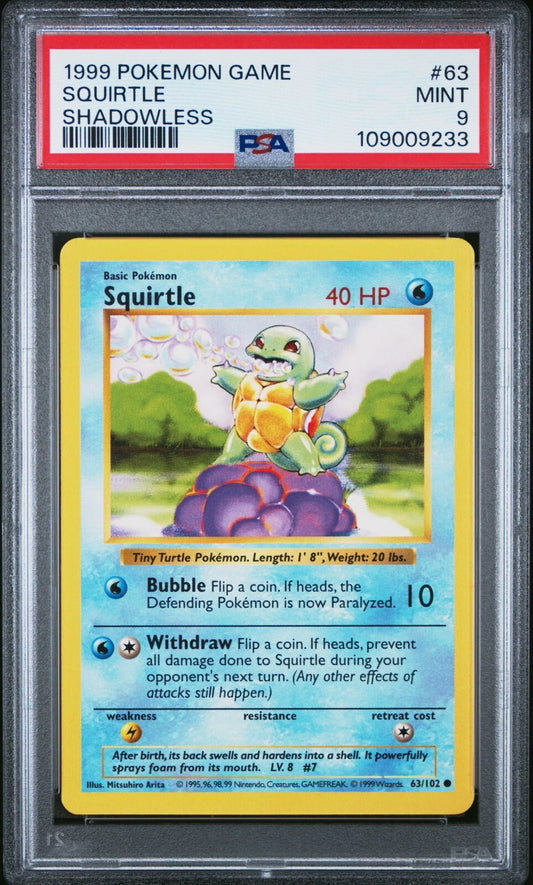 1999 Pokémon Base Set Squirtle Shadowless #63 PSA 9