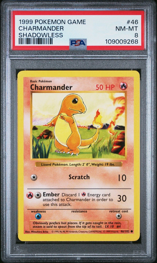1999 Pokémon Base Set Charmander Shadowless #46 PSA 8