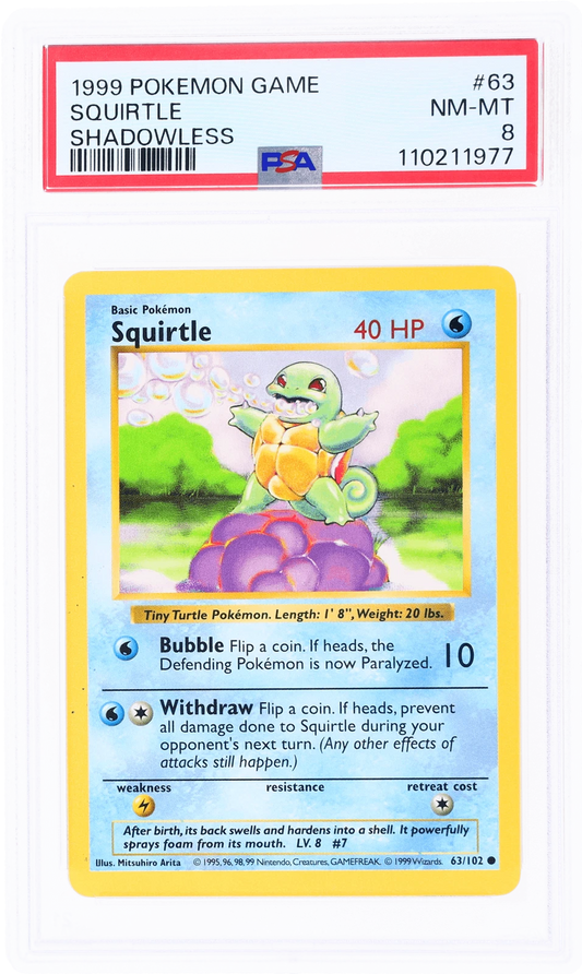 1999 Pokémon Base Set Squirtle Shadowless #63 PSA 8